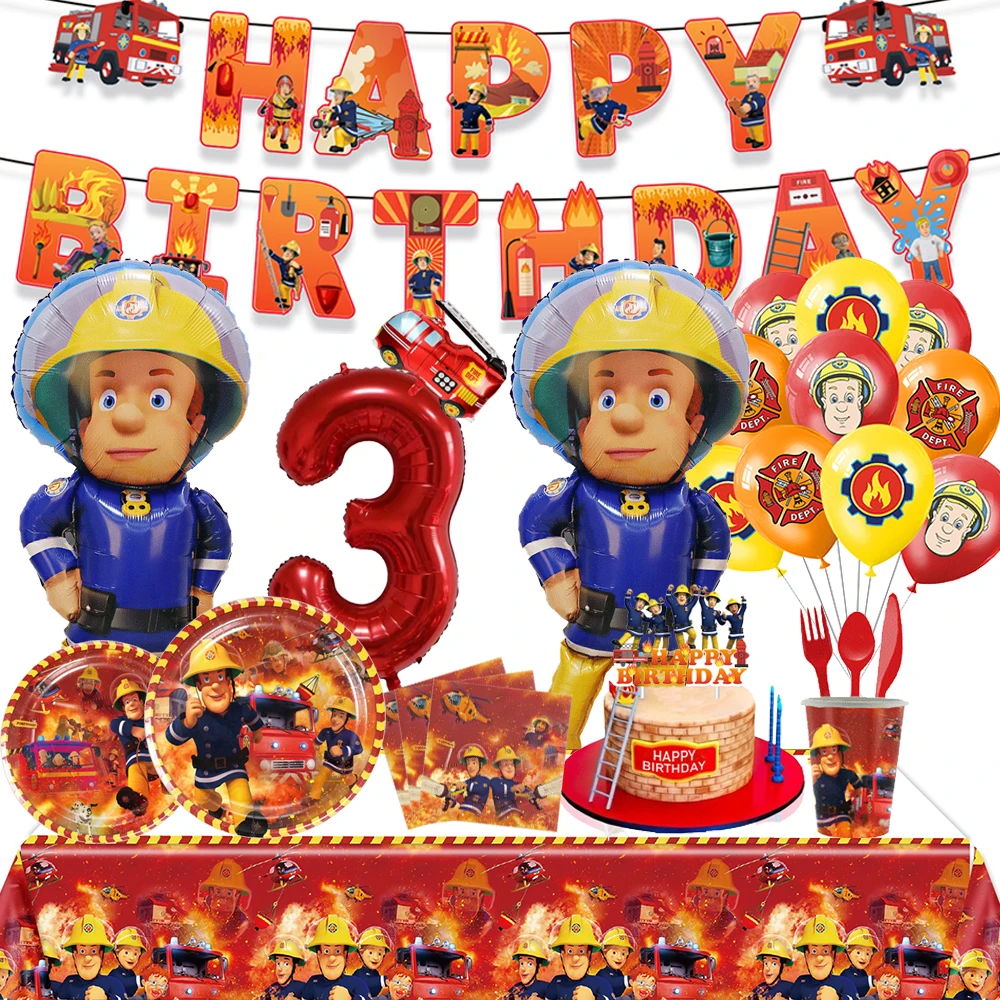Fire Truck Fireman Sam Party Tableware Banner Fire Truck Number