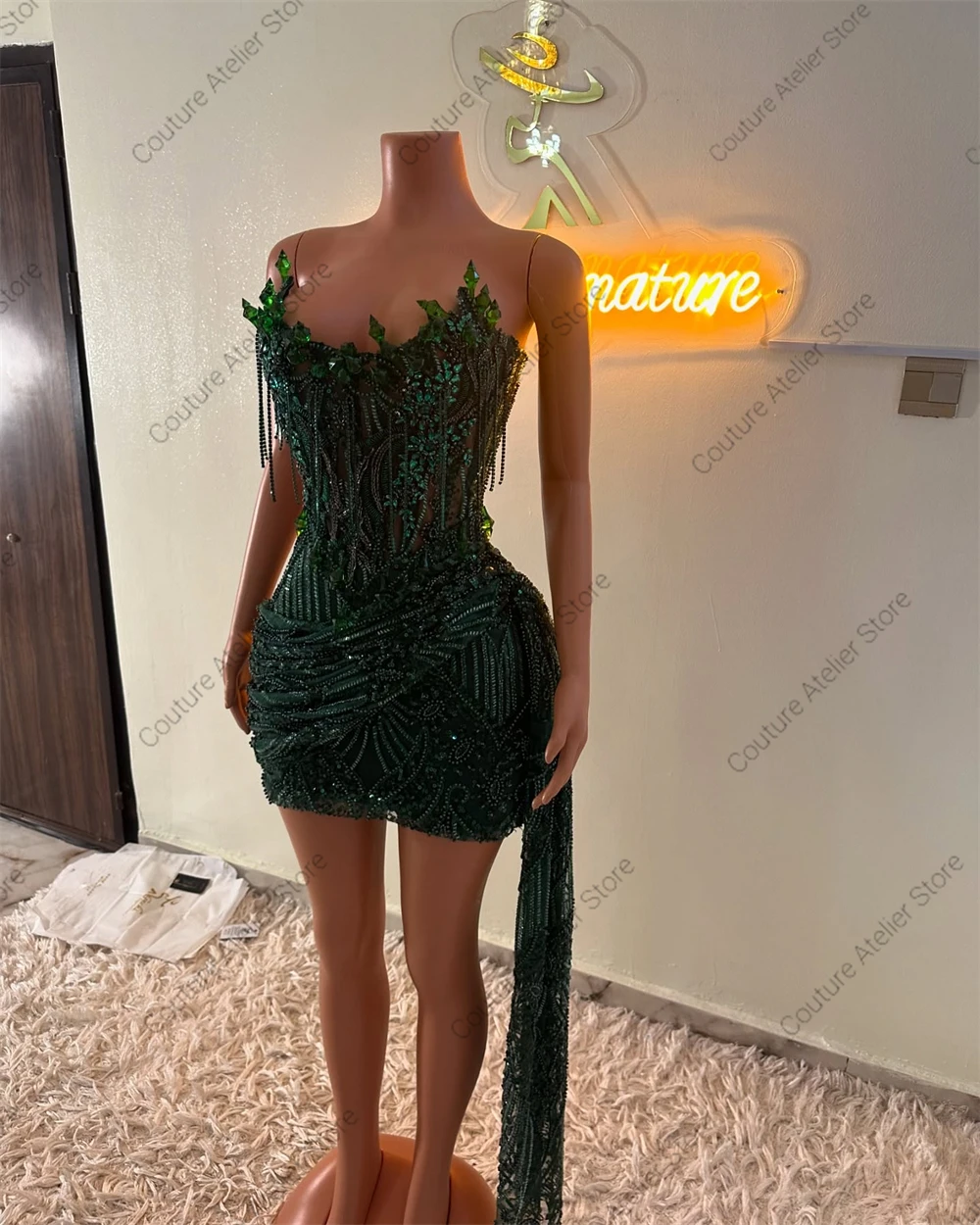 Dark Green Crystal Beading Homecoming Prom Dress Mermaid Mini Cocktail Gown Birthday Dress Luxury Blackgirl Customized