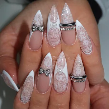 24Pcs Lace French Almond Press on Fake Nails 3D Silvery Bow Rhinestone False Nails with Pearl Detachable Manicure Nails Tips Art 1