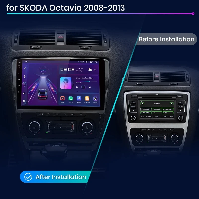 Junsun AI 음성 무선 카플레이, 안드로이드 자동 라디오, SKODA 옥타비아 2 A5 2008-2013, 4G 차량용 멀티미디어 GPS, 2din 오토라디오, V1