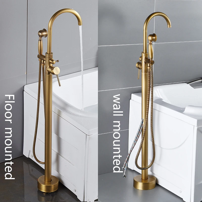 KEMAIDI Antique Brass Bathtub Shower Faucet Set Floor Standing Shower Systerm with 360 Swivel Spout Bathroom Bath Bathtub Mixer 3