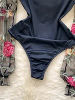 SINGREINY Vintage broderie gaze Sexy body col montant à manches longues combishorts mode épissé femmes ouvert entrejambe barboteuses 3