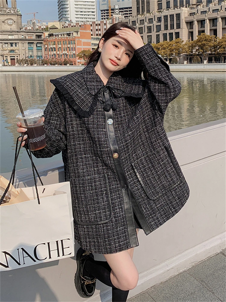 

Vintage Plaid Tweed Jacket Outerwear 2022 Autumn Winter Women Elegant Korean Style Loose Peter Pan Collar Woolen Cloak Coat 9625