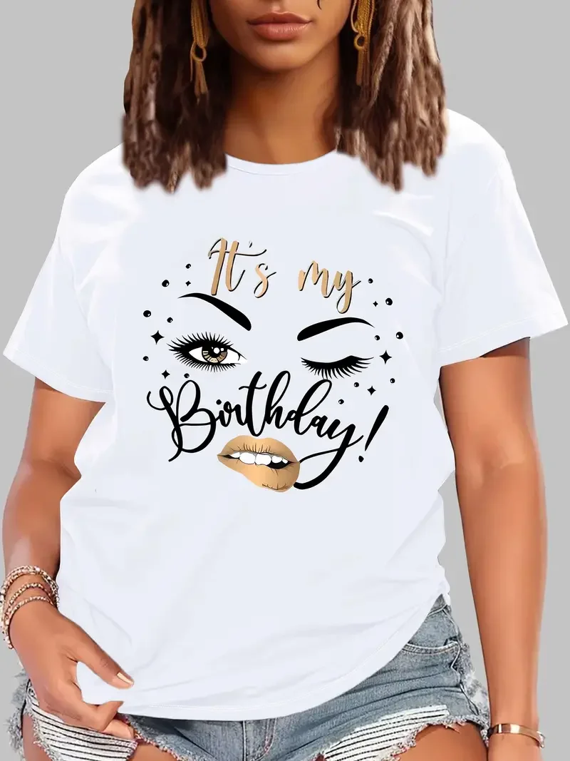 

Smiling expression birthday Graphic T-shirt for women's fashion Casual T-shirt for women's short sleeved round neck Y2K shirt