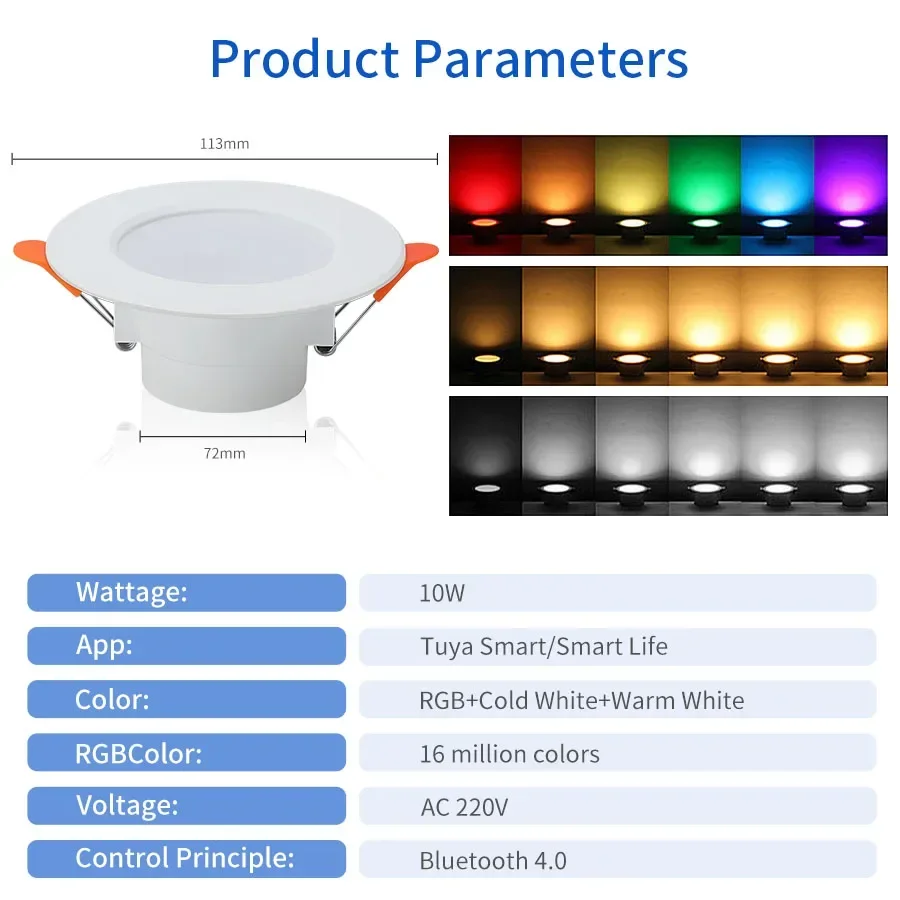85-265V 220V 투야 스마트 LED 다운라이트 블루투스 앱 제어 천장등 RF 리모컨 그룹 제어 10W RGB 램프 화이트 디밍 가능