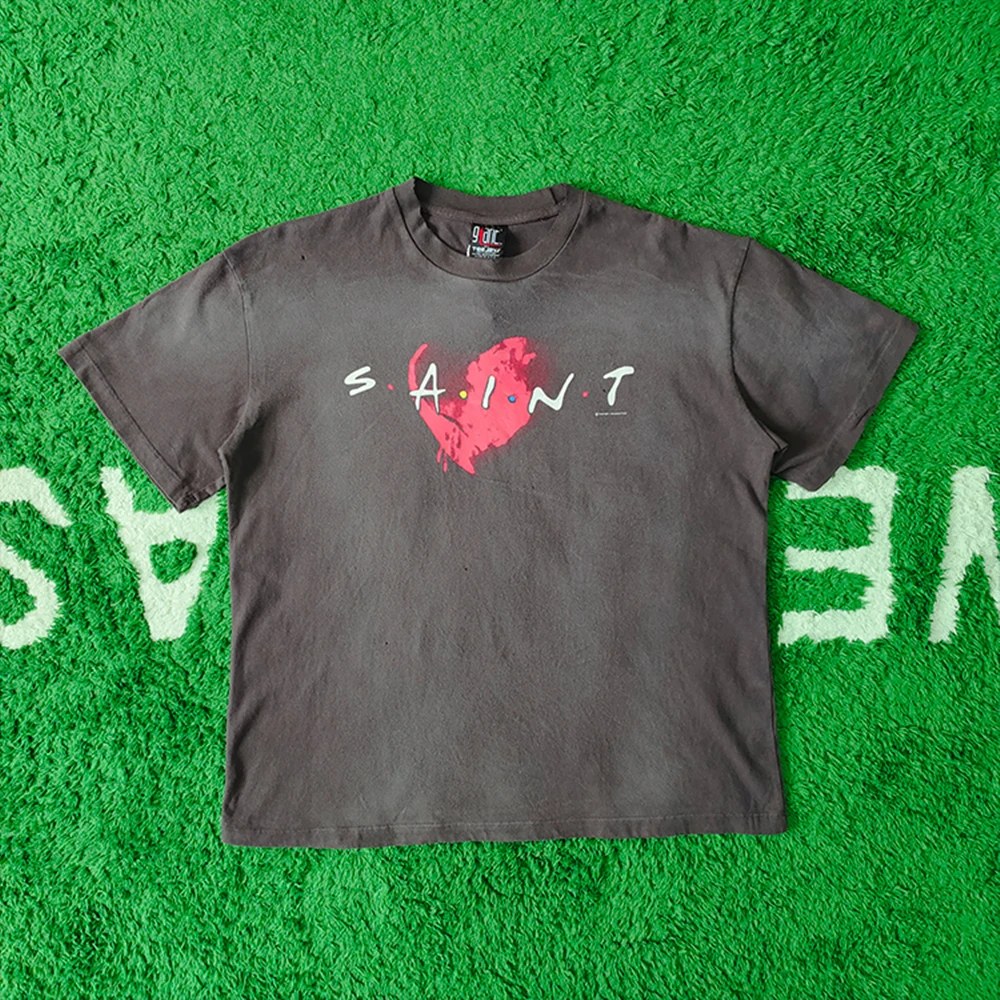 

Frog drift Fashion SAINT MICHAEL Love print Old vintage washed Oversize Loose short sleeve T-shirt tee for men