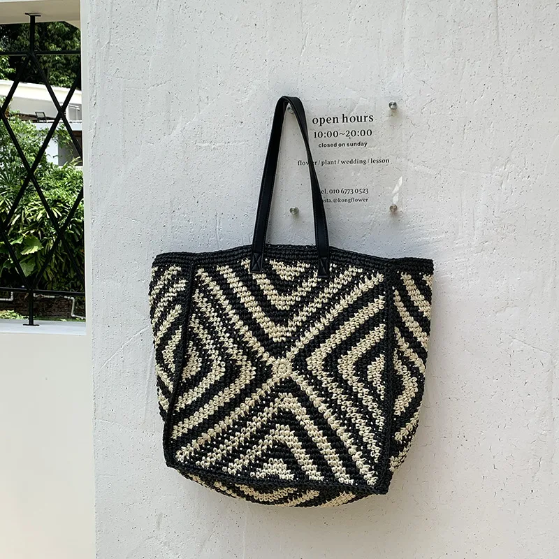 Designer Women Summer Holiday Straw Bag Vintage Summer Bucket Shoulder Bags pu Leather Spliced Beach Bag Casual Totes Handbag