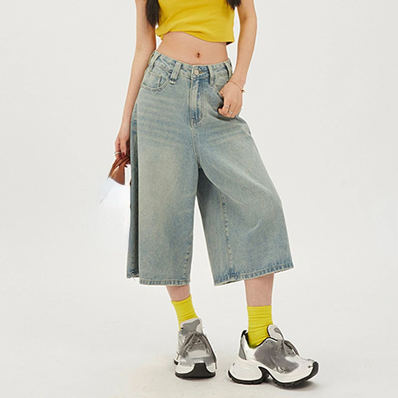Summer Y2k Retro Wash Cropped Baggy Jeans Wide Leg Frayed