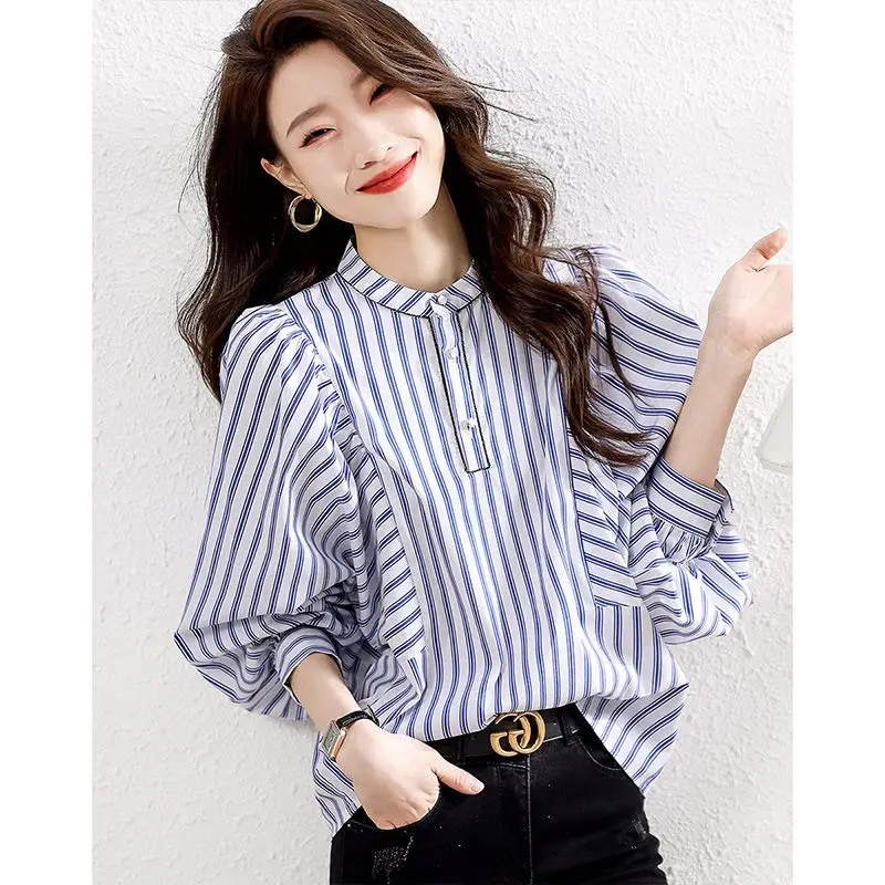 

Loose Casual Style Women's Striped Shirt 2024 New Womens Tops Lantern Long Sleeve Shirts Blouse Clothing Ladies Female F44