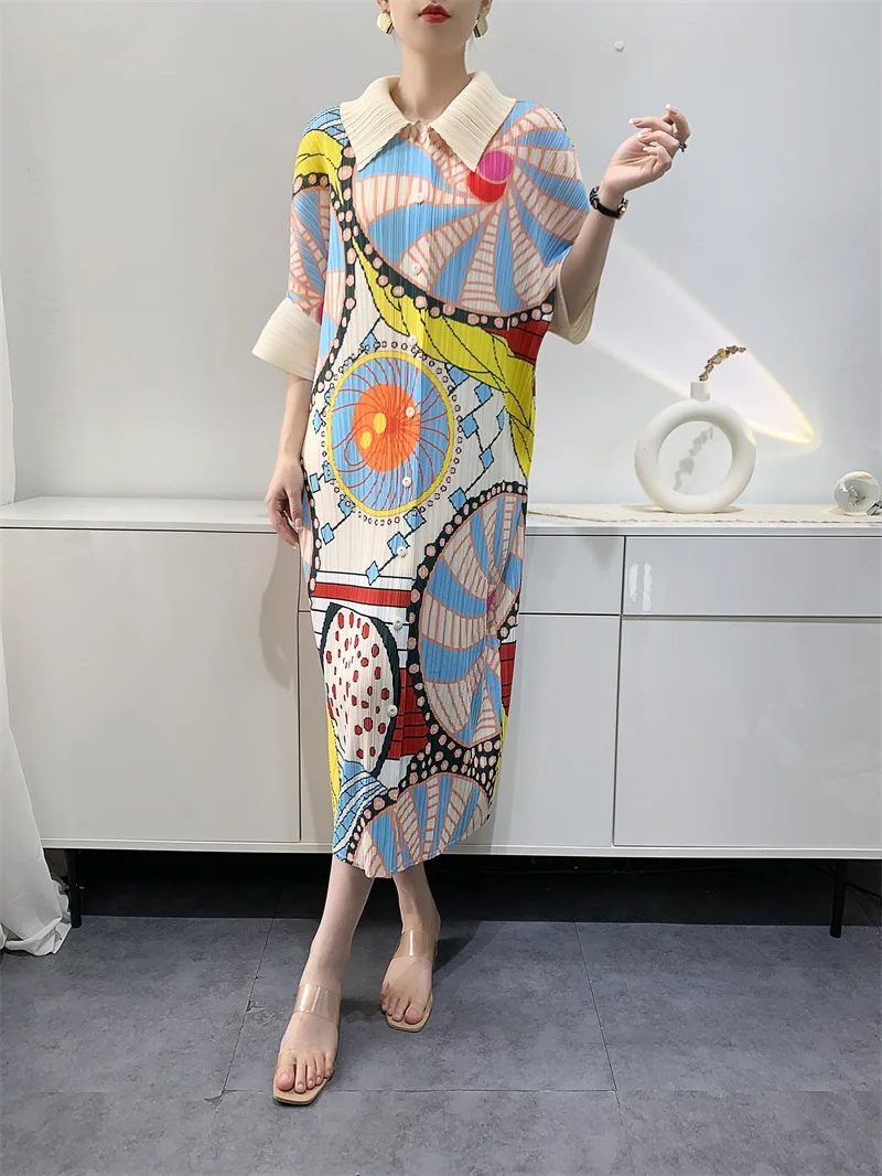 Miyake Pleated Women's Dresses Mid-length Printed Dresses Loose Plus Size Bat Sleeve Fashion Casual Skirts 2024 Early Spring New
