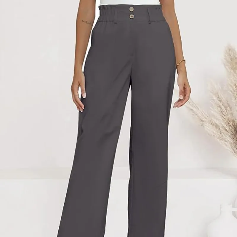 2023 Autumn Women's Elastic Waist Solid Button Pocket Patchwork Elastic Ruffles Loose Office Lady Elegant Fashion Casual Pants