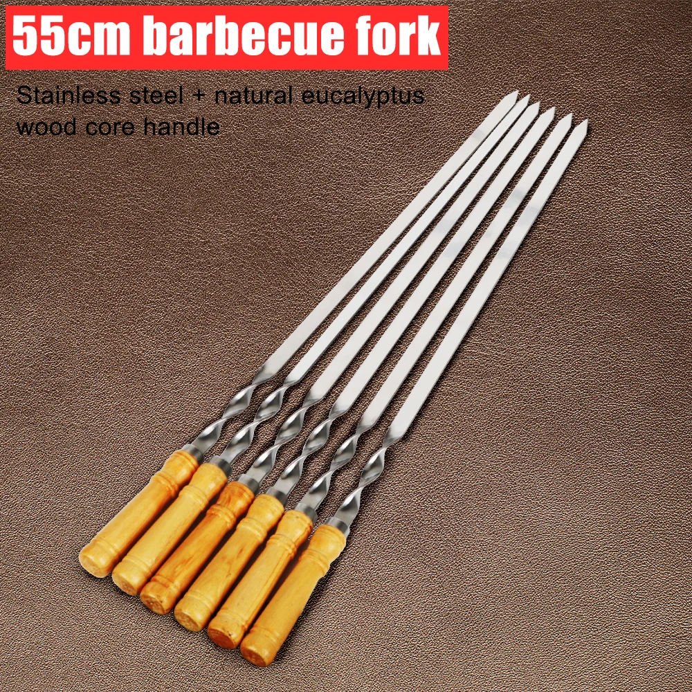Barbecue Skewers BBQ Skewers 55cm 21.65" Wood BBQ Fork Stainless steel Outdoors Grill Needle Long Handle Shish Kebab 6Pcs