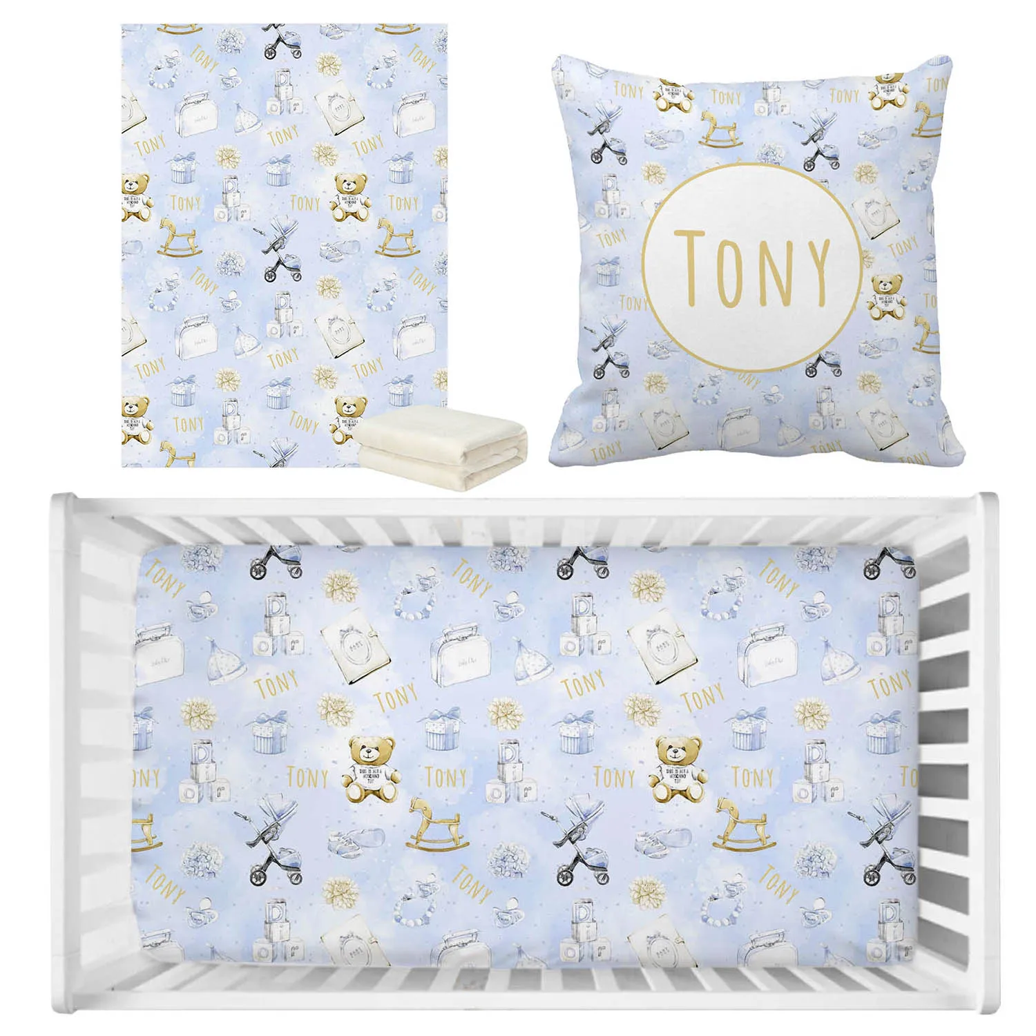 LVYZIHO Custom Name Cute Bear Baby Boy Bedding Set, Baby Blanket, Baby Crib Sheet, Baby Pillowcase. LVYZIHO Custom Name Cute Bear Baby Boy Bedding Set, Baby Blanket, Baby Crib Sheet, Baby Pillowcase.