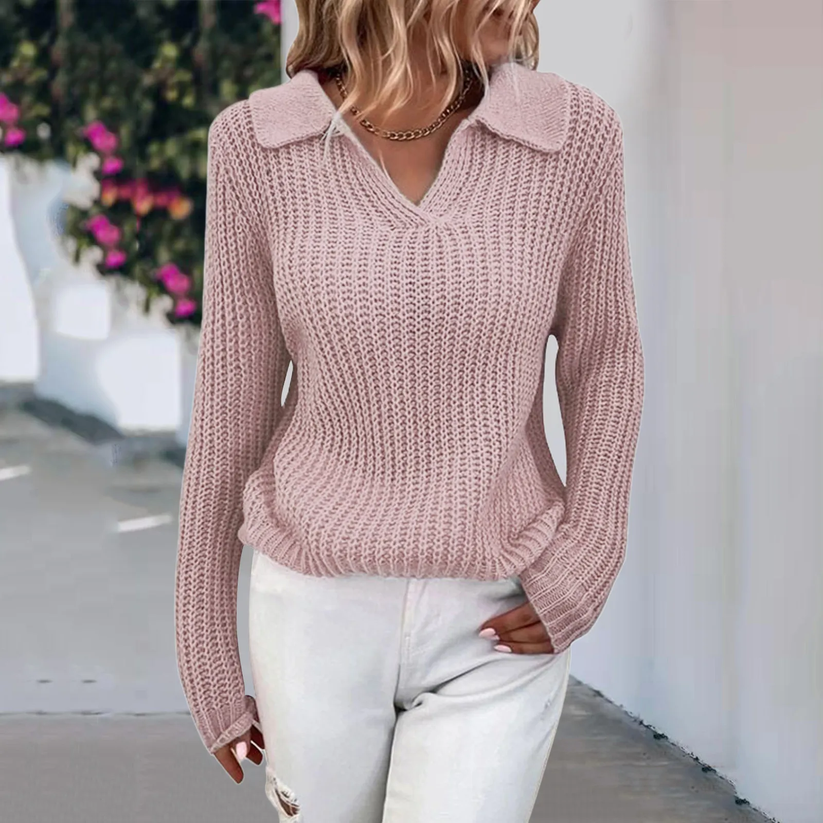 

Fashion Clothing Women Casual Sweater Lapel Solid Color Slim Fit V Neck Knit Sweater Fall Shirts for Men