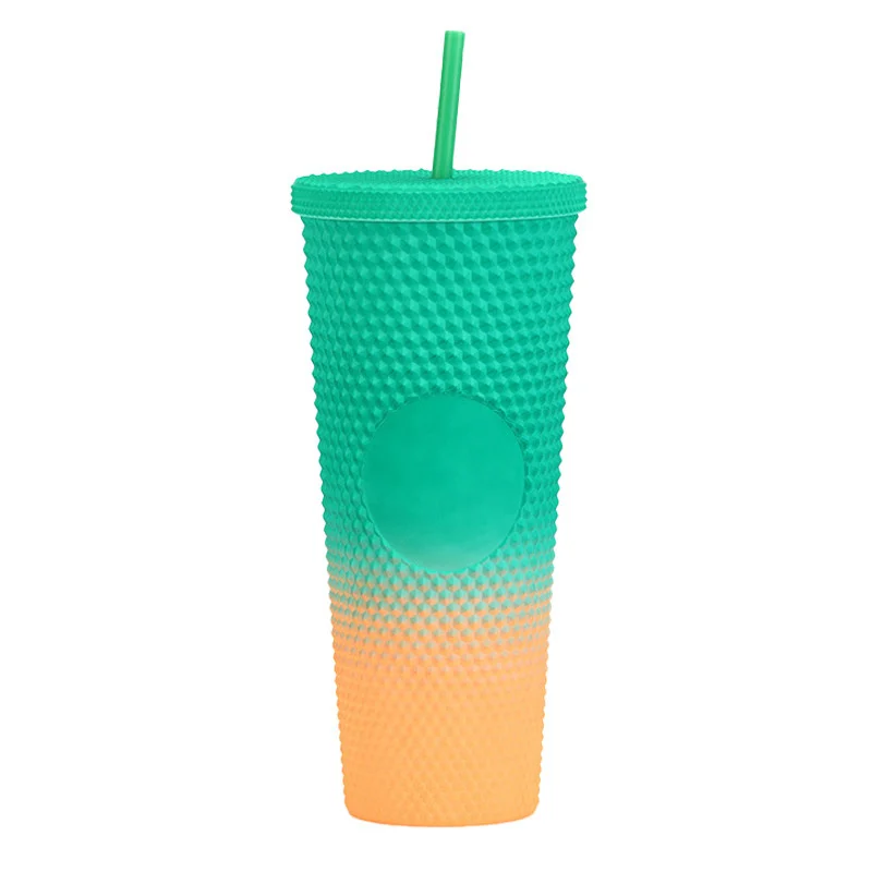 24Oz Matte Glow Inlaid Cup Plastic Coffee Cups With Straw Lids Double Wall Gradient Durian Cup Large Capacity Drinking Cup