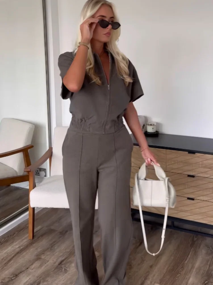 HH Women Elegant Short Sleeve Lapel Zipper Vest+High Waisted Elastic Waist Pockets Wide-leg Pants Soft Autumn 2-Piece Set 4