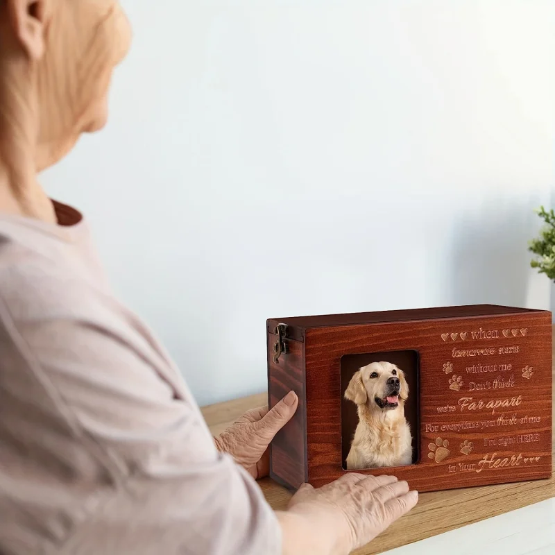 Pet Urn Dog or Ashes，Wooden Pet Urn with Photo Frame，Pet Memorial or Dog Box with Black Flannel，Lost P