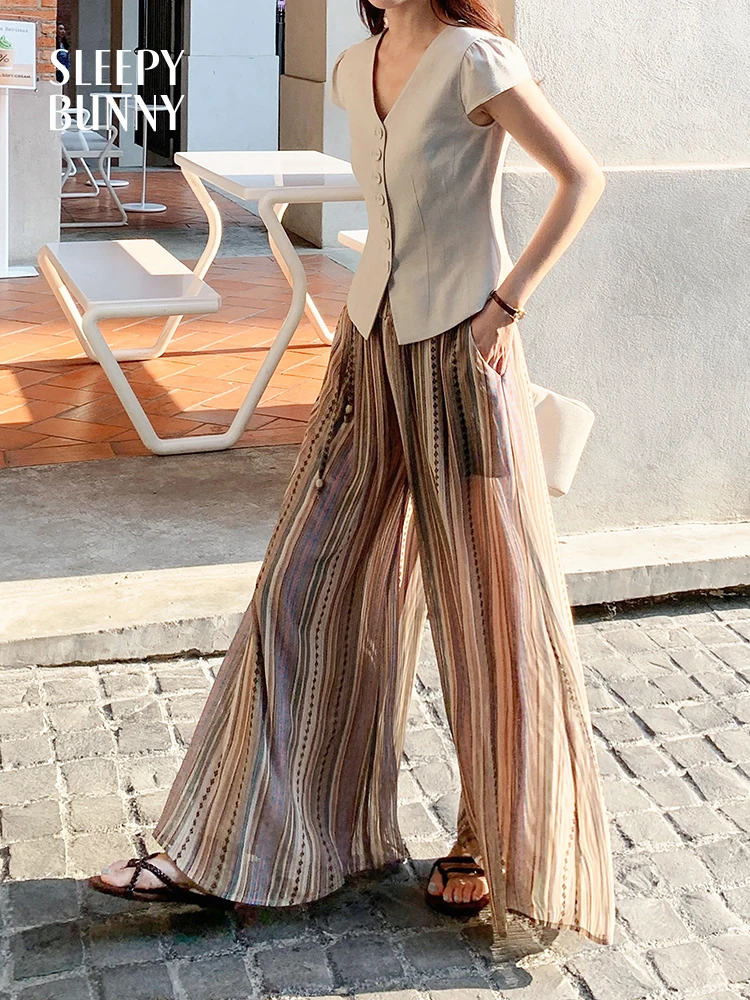 Bohemian Style Printed Chiffon Wide Leg Pants Women Summer