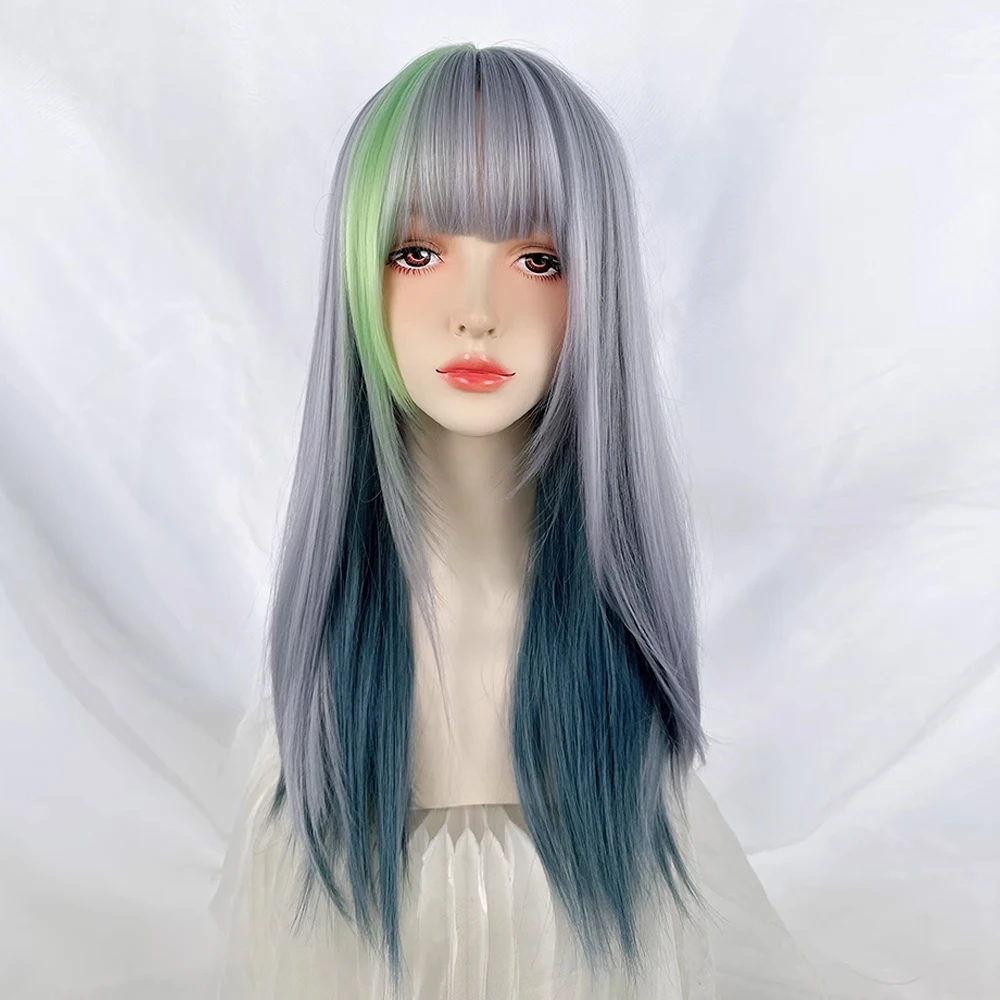 Длинный прямой женский парик VICWIG с эффектом омбре, голубой и зеленый парик с челкой, косплей лолиты, пушистый женский парик для ежедневного роста