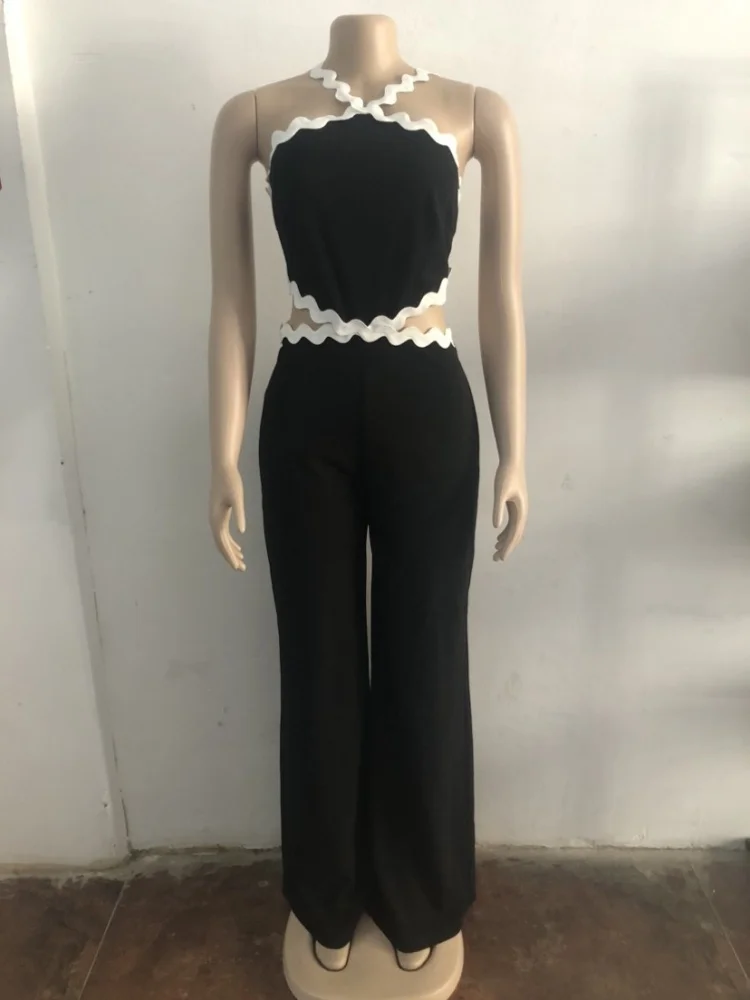 Wmstar Jumpsuit Women Wholesale Wavy Line Spliced Sleeveless Hollow Out Wide Leg One Piece Sexy Club Outfits Summer New Style