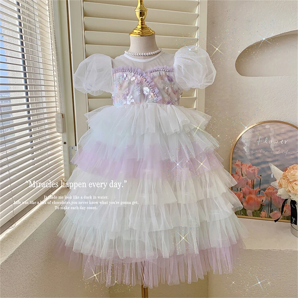 

805 French Skirt Beautiful Dress Girl's Fluffy Skirt Lace Mesh Dress Summer Baby Puff Sleeve Princess Skirt