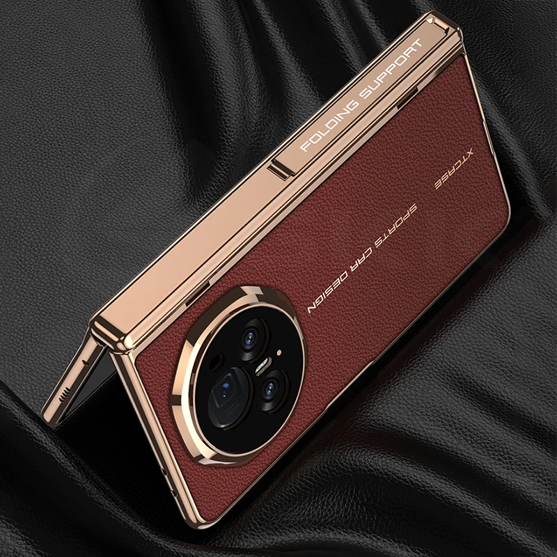 Luxury Plating Leather Screen Glass Case For Honor Magic V3 Magnetic Hinge Brack