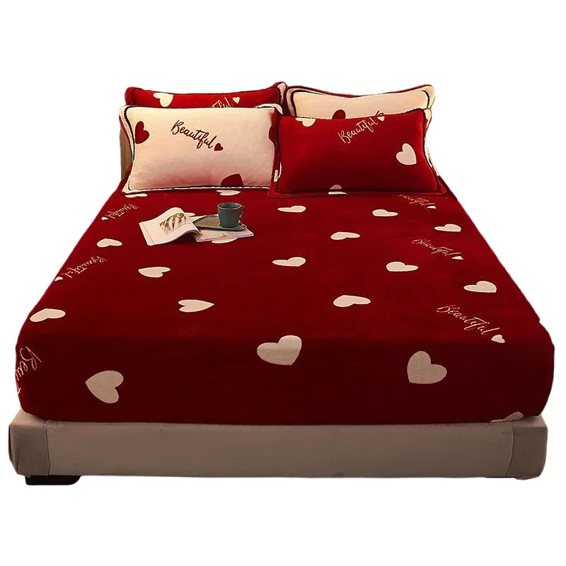 WOSTAR Winter warm coral fleece fitted sheet elastic mattress cover velvet bedspread single double bed linens bedding king size 6