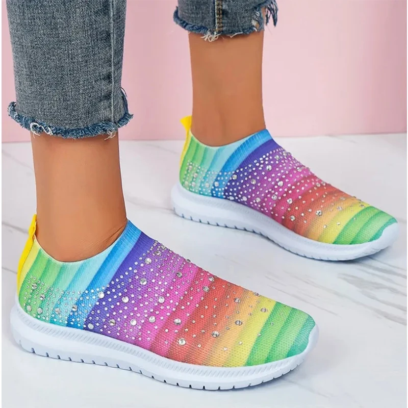 

Женские кроссовки с блестками Rainbow, сетчатые дышащие, сетчатые, Повседневная Удобная обувь для бега, Вулканизированная подошва, дизайнерские, на лето