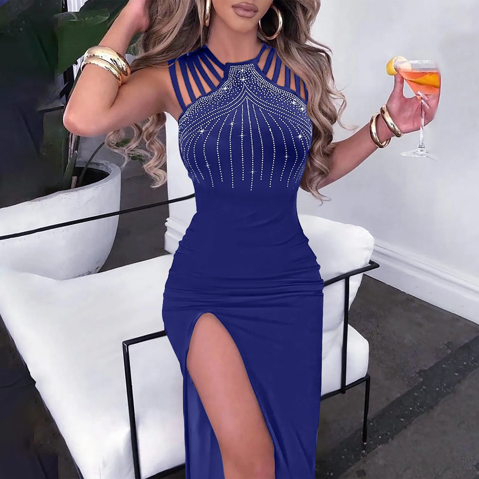 

Women Boho Vintage Casual Slim Hole Split Strap Camis Sleeveless Dress Sexy Summer Maxi Elegant Larty Dresses