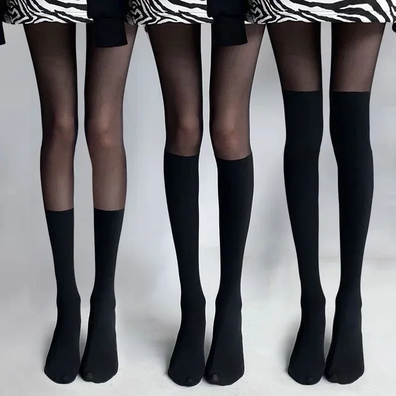 Sexy Women Tights Pantyhose Patchwork Sheer Thigh High Stockings Over Knee Stripe Pantyhose Skin Color Tights