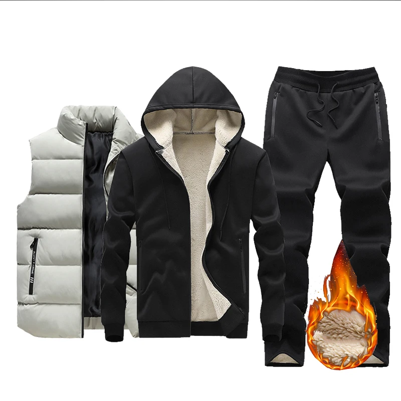 New Fleece Men Set Fashion Brand Tracksuit Lined Thick Hooded Sweatshirt + Pants Sportswear 3Pcs Sets Male Winter Warm Outerwear free shippng 3pcs sets   color plastic welding nozzle ppr pipe butt welding die head 20 25 32mm welding mold