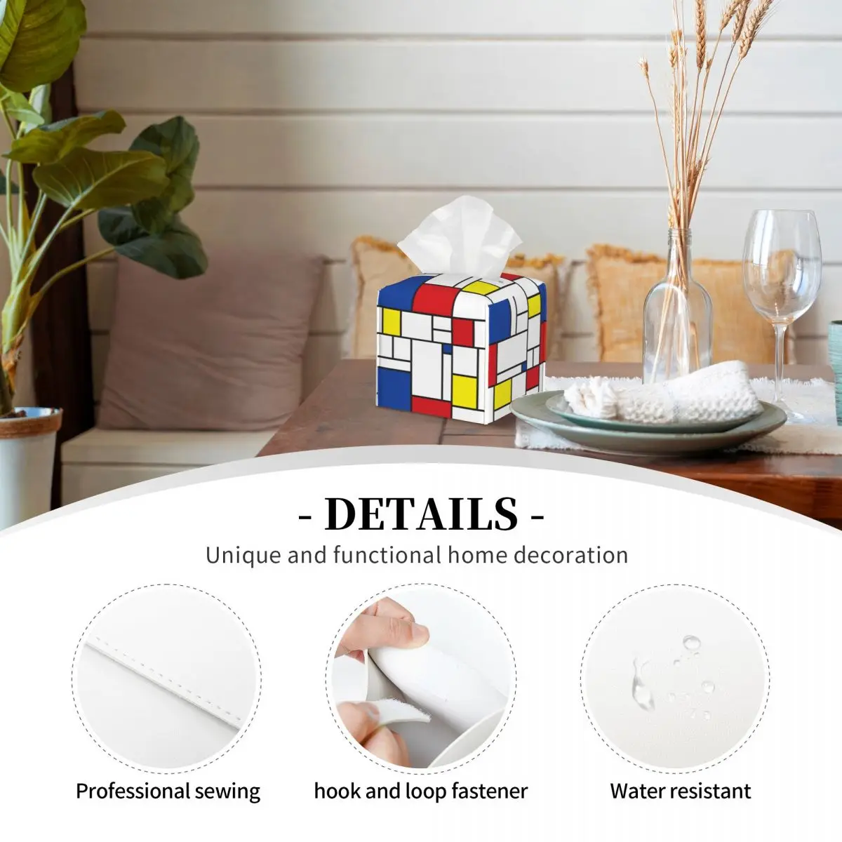 Custom Mondrian Minimalist Modern Art Tissue Box Cover PU Leather Square Color Art Plaid Facial Tissues Holder for Office 3
