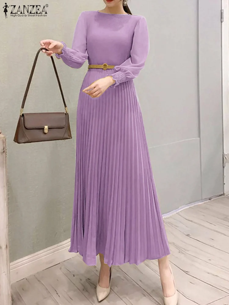 الخريف أنيقة طويلة الأكمام مطوي فستان ZANZEA المرأ...