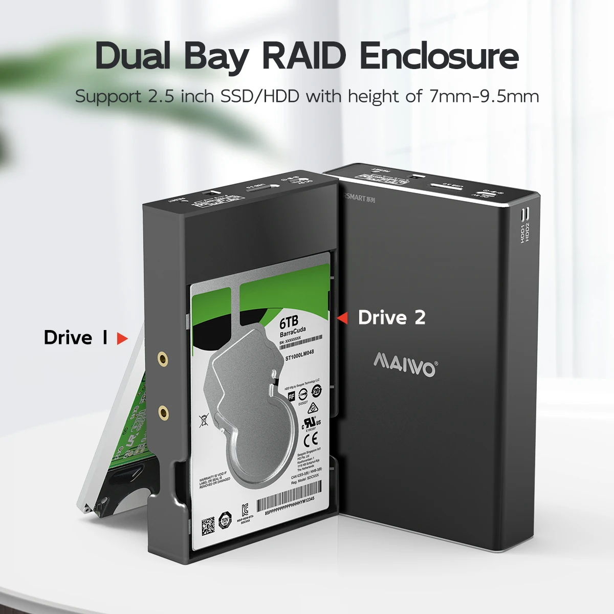 MAIWO HDD 케이스 2.5인치 듀얼 베이 외장 하드 드라이브 인클로저, 4가지 RAID 모드 지원, SATA to USB 3.0 알루미늄 쉘, 노트북 및 맥북용