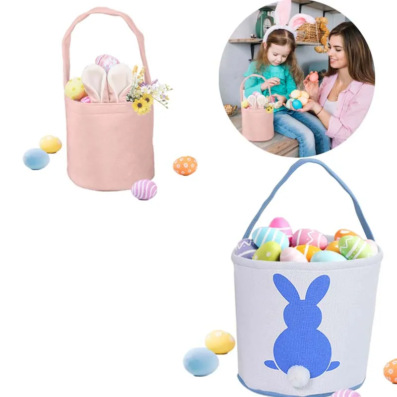 Easter Velvet Gift Basket with Bunny Ears Cartoon Candy Bags with Handle Drawstring Gifts Packing for Kids Easter Party Handbag