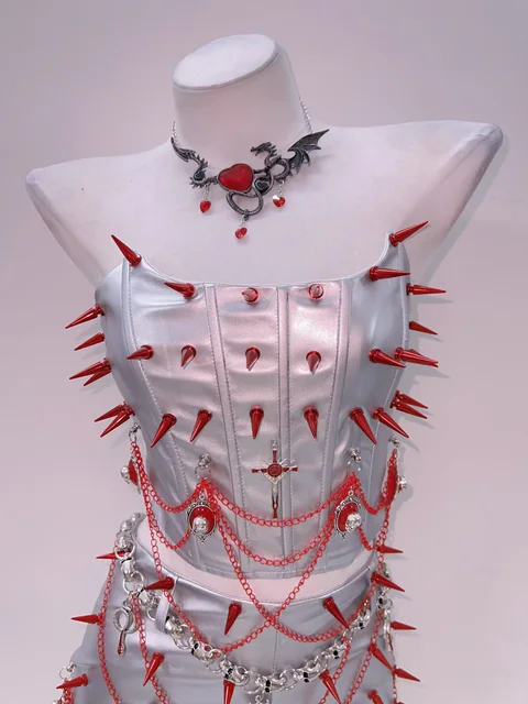Red Spikey Silver Top and Skirt Set 20