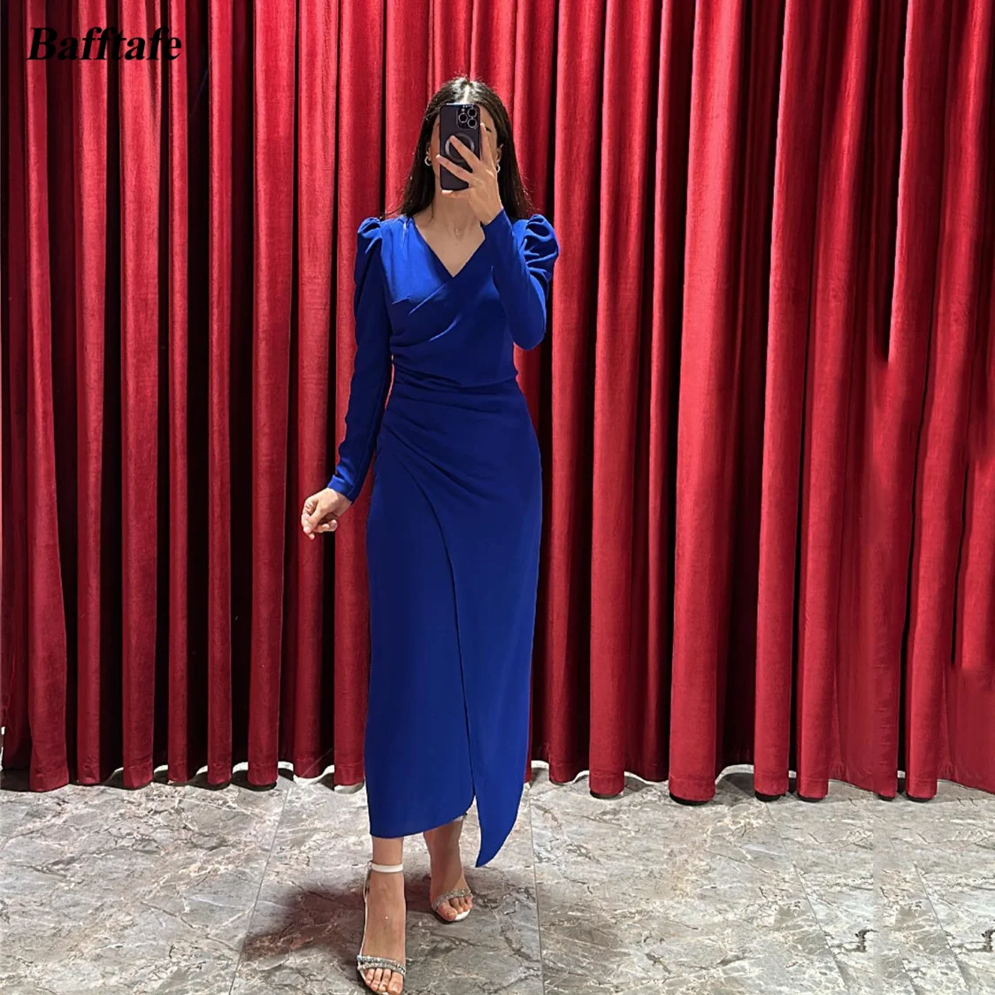 Elegant Blue Arabia Chiffon Prom Dresses Scoop Long Cape Sleeves Pleated Party Growns main image 0