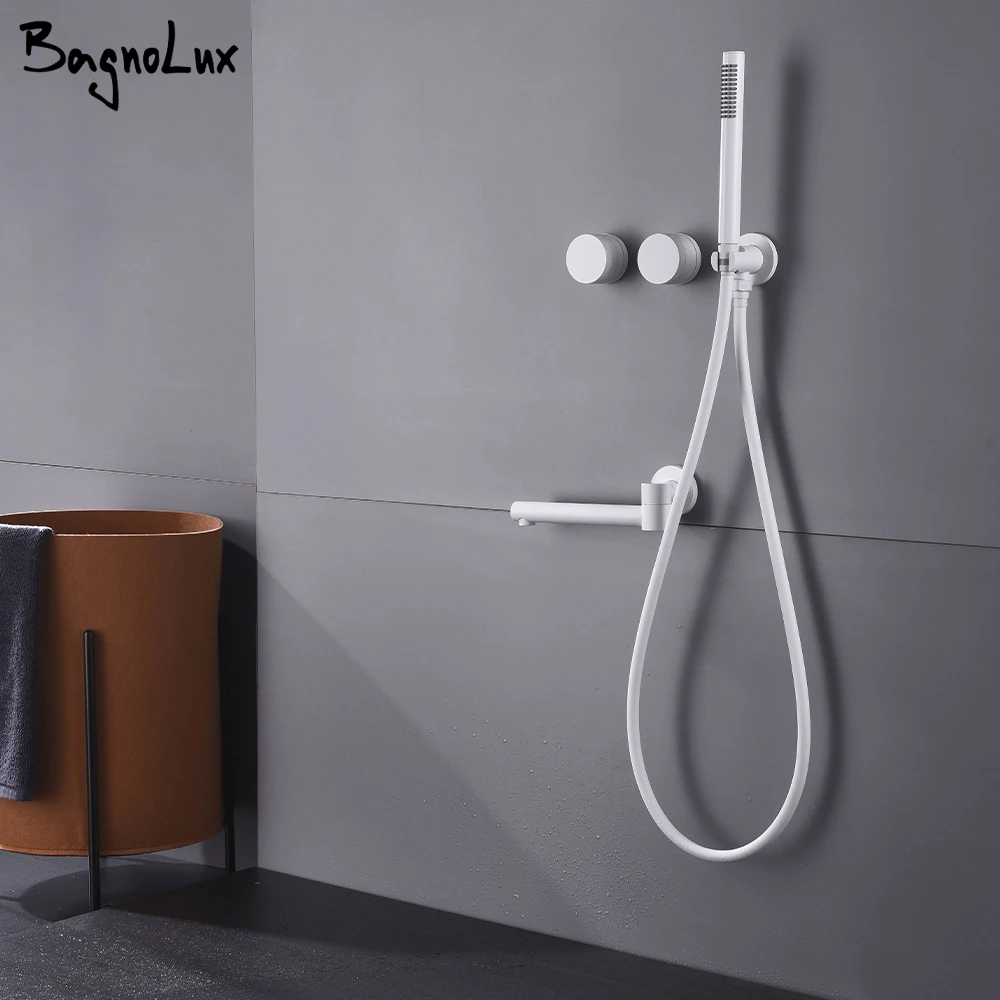 สีขาวชุดก๊อกน้ําฝักบัวอาบน้ํา Spout แขวน 2 ฟังก์ชั่นมือถือผู้ถือห้องน้ําผสมร้อนและเย็นปกปิดกล่องสนับสนุนวาล์ว 1