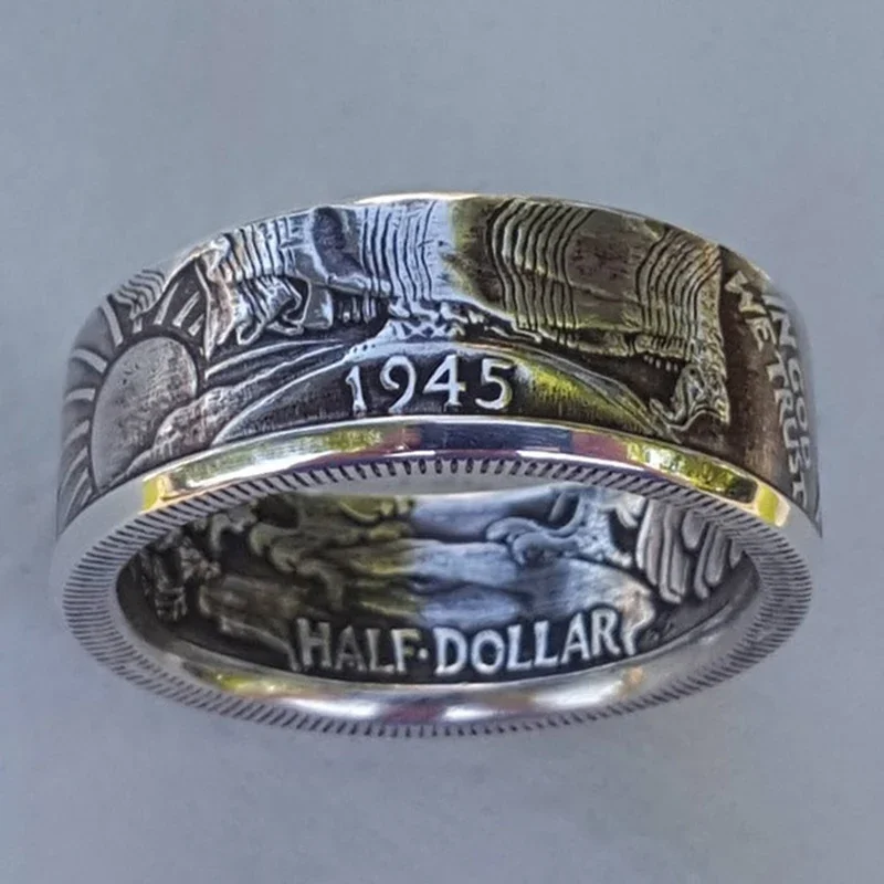 Retro Punk Style Rings for Men Personality Metal Finger Jewelry Old Silver Color Imitation 1945 Half Dollar Design Ring for Men finger ring silver ring