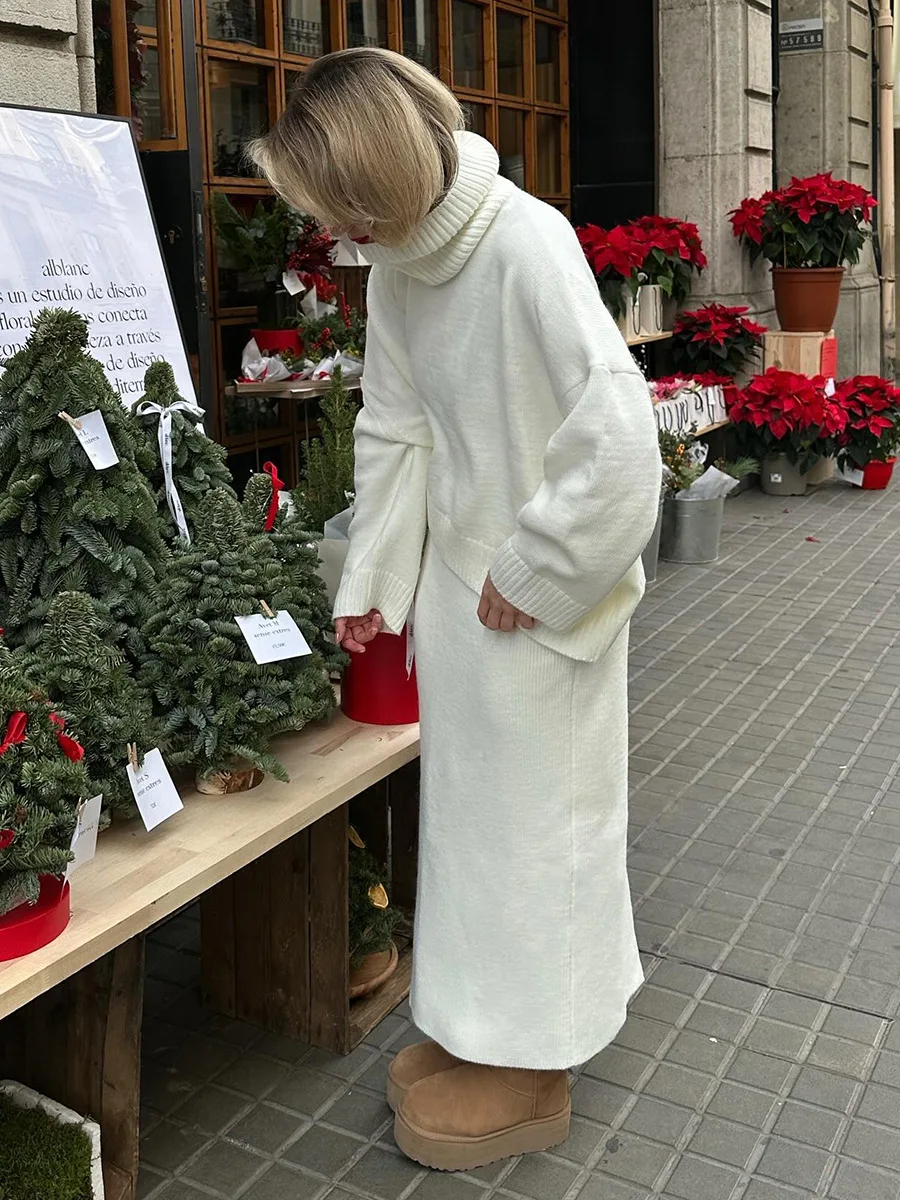 Bornladies Women's Knitted Turtleneck Sweater Skirt Set  Autumn Winter Loose Solid Color 2- Piece Knit Outfit Casual Warm Suit