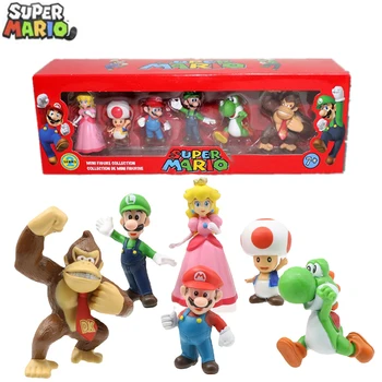 6Pcs Super Mario Bros Toys Dolls Anime Figures Luigi Yoshi Donkey Kong Wario PVC Action Figure Model Toys For Birthday Gifts
