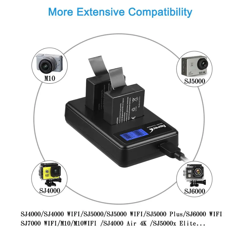 Фото Аккумулятор и зарядное устройство SJCAM SJ5000 WIFI SJ7000 SJ8000 SJ4000WIFI SJ6000 EKEN H9R M10 4K H3 H8 H9 PG900, 1350 мАч №3