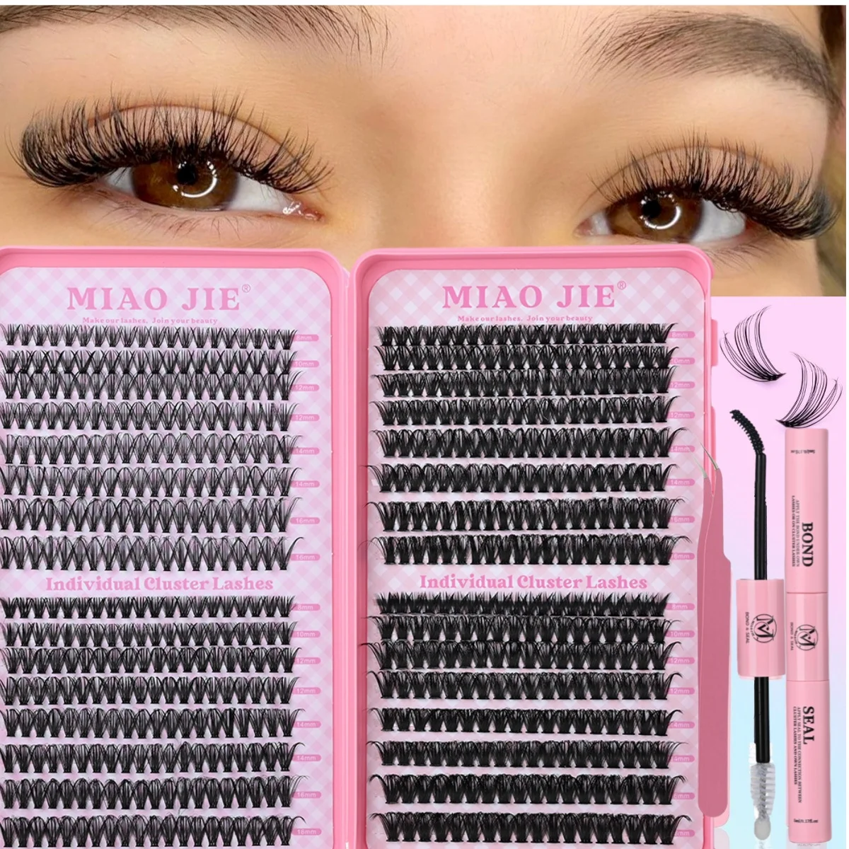 MIAOJIE DIY Segmented False Eyelash Set Large Capacity Cluster Eyelash Book With Glue,Remove Glue,Twezeers kit