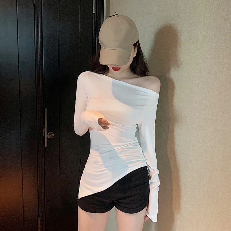 2022 Primavera Donna Sexy Slash Neck Magliette Irregolari Ragazze Off Spalla Nero Bianco Split Tees Maglie A Manica Lunga