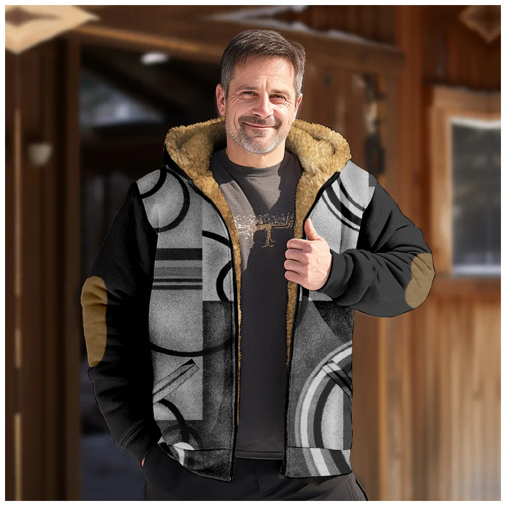 New Creative Pattern Hooded Sweater with Casual Printing Long Sleeve Zipper Sweater Thick Cotton Coat Winter A01