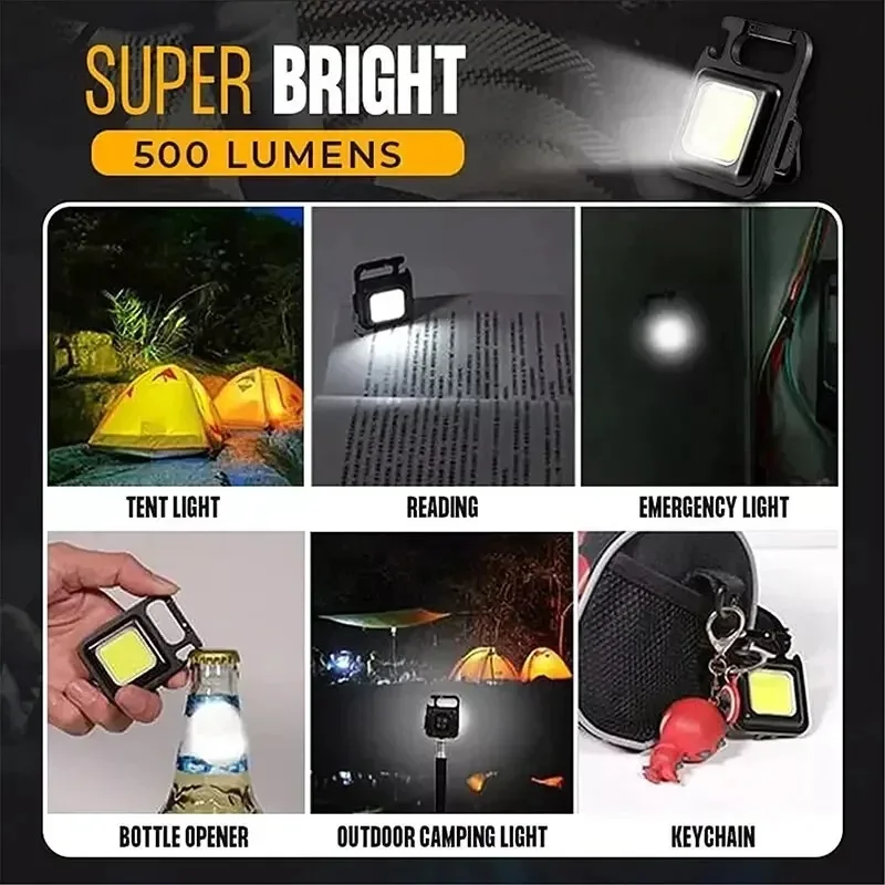 Keychain Light Mini Magnetic COB Keychain Light 800Lumens Bright USB Rechargeable Flashlight 3 Light Modes Portable Folding Bracket Work Lamp