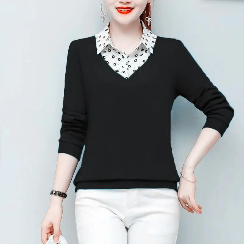 

Casual Temperament Women's Top Autumn and Winter New Print Splice Buttons POLO Collar Long Sleeved Commuting Versatile Pullover