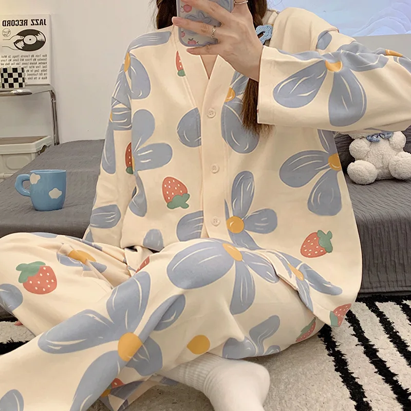 Women Spring and Fall Two-Piece Pajamas Cardigan Long-Sleeved Long Pants Thin Section Polka Dot Printing Maternity Homewear 3