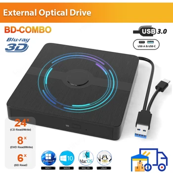 USB 3.0 External Blu-ray Drive Portable 3D BD-Combo Optical Drives CD DVD Player Burner Reader for Laptop PC Windows 11/10 Mac 1