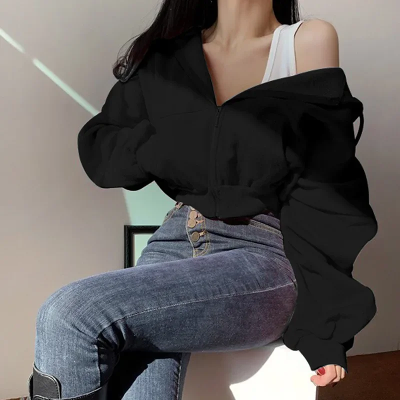 Korean Women Zipper Basic Short Jackets Grey 2022 Autumn Winter Long Sleeve Hoody Sweatshirts Casual Hooded Streetwear Y2k Coats